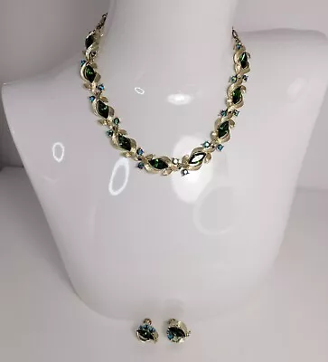 Lisner Necklace & Earrings Set Green Marquise + Ab Blue Rhinestone Vintage • $85