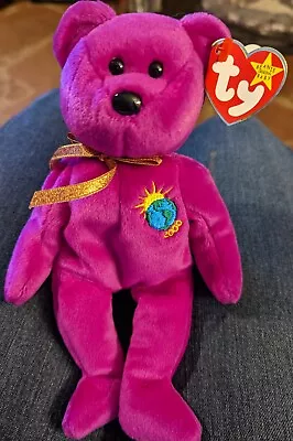 TY Original Beanie Baby 2000 'MILLENIUM' Purple Bear Gold Bow Tag Retired • $15