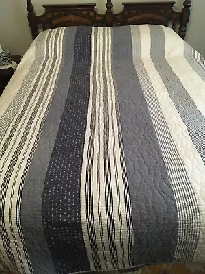 Nicole Miller White & Blue Stripe Stitched Full Cotton Quilt 84”x88” Nautical • $40