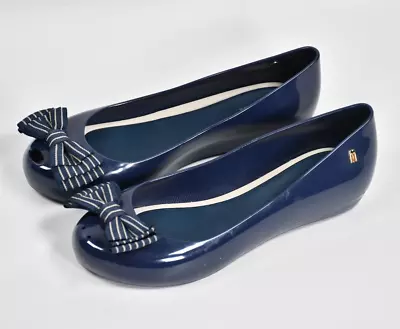 Melissa Women's Ultragirl Ballerina Flat Blue Striped Bow Shoe Size US 8 • £62.73