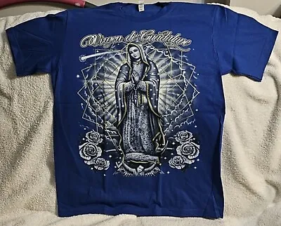 Virgen De Guadalupe Virgin Mary Flower Rose Pray Blue T-shirt • $11.27