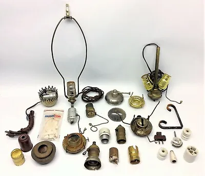 Mixed Vintage Lot Brass Metal Lighting Parts Fixtures Sockets Oil Lamp Hardware  • $70