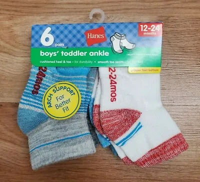 Hanes Toddlers Boys Ankle Socks Arch Support Gripper Foot Bottom 6Pack-(12-24M)  • $8.90