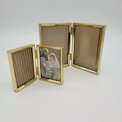 Vintage Ornate Gold Tone Metal Bi Fold Hinged Double Picture Set 2 Frames • $15.95