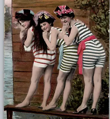 3 Bathing Beauties Striped Suits Risque Antique Vtg Postcard C1910 1065 Rare • $19.85