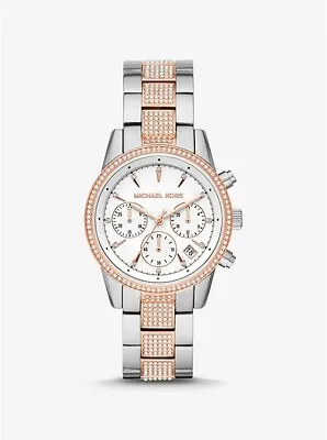 NWT Michael Kors Woman's Ritz Pavé Two-Tone Bracelet Watch 37mm MK9082  $295 • $199.99