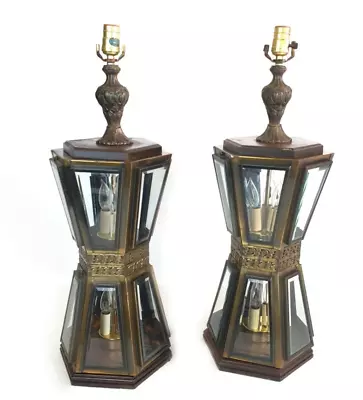 Vintage Pair Beveled Glass Double Lantern Wood & Metal Panel Lamps W/Candelabras • $399.99