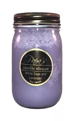 Papa's Candle Shoppe White Sage & Lavender 16 Oz Mason Jar Scented Soy Candle! • $18.50