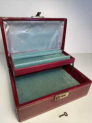 Vtg 50’s Mele Jewelry Box Dark Red 10x7x3.5 W/Key Burgundy Gold Blue Velvet Tier • $29.99