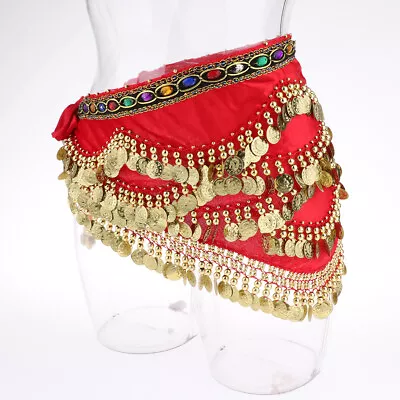 Velvet Dangling Gold Coins Belly Dancing Hip Skirt Scarf Wrap Belt Red • £13.50