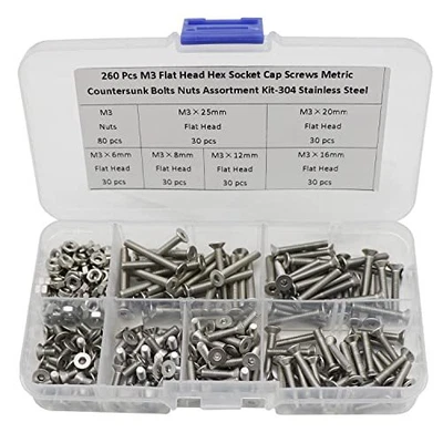 £21.08 • Buy 260 Pcs M3 Hex Socket Flat Head Countersunk Bolts Screw Nut Assortment Kit-30...