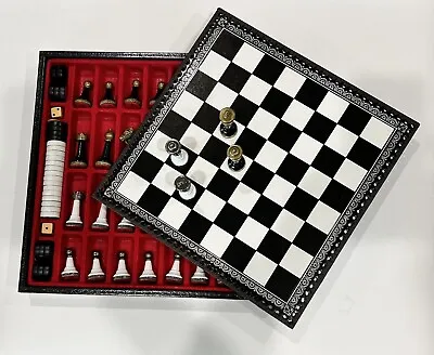 Vintage Italfama Metal Chess/Backgammon Set Brass Nickel Plated Leather 14x14 • $178