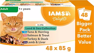 IAMS Delights Adult Land & Sea Collection In Jelly Wet Cat Food 48 POUCH X 85g • £19.19