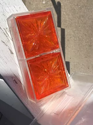 Vintage Set Of 8 Mcm Square Orange Lucite Star Burst Coasters W/ Case (69) • $38.99