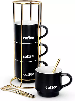 Porcelain Stackable Coffee Mug Set With Rack And Spoons 15 Ounce Cappuccino Cup • $41.76