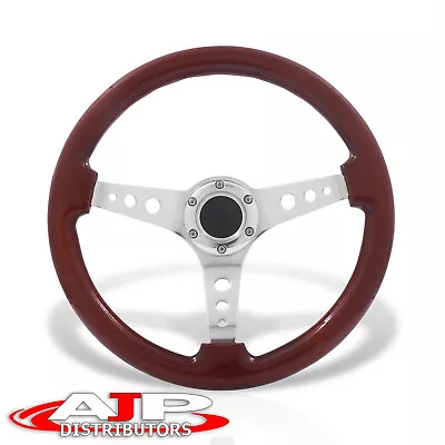6-Bolt Brown Wood Silver Aluminum Deep Steering Wheel + Horn Universal 350mm 14  • $54.99