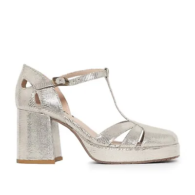 Esska Chaza Silver Metallic Platform T-bar Leather Heels • £89