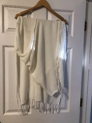 Ellen Tracy Off White Viscose Scarf/Wrap With Fringe 65” X 27” • $14
