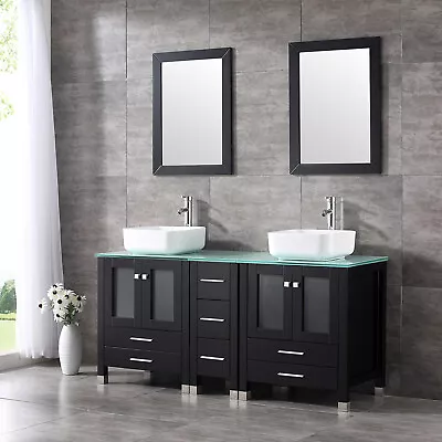 Bathroom Vanity 60  Cabinet Double Sink Ceramic Vessel Combo W/Mirror Faucet Set • $969.99