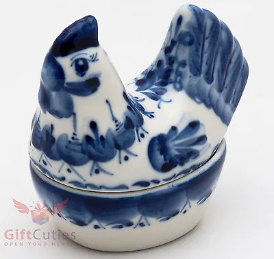 Beautiful Gzhel Porcelain Chicken Rooster Trinket Box Figurine Hand Painted • $16