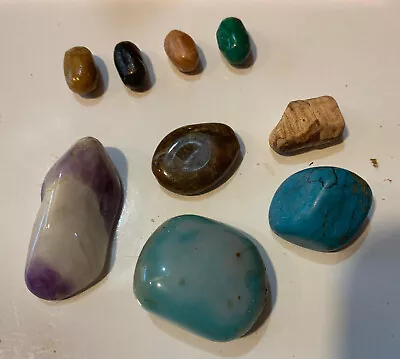 Lot 9 Gem Stones Turquoise Amethyst Fossil 9 Mixed Semi Precious Various Rocks • $9.99