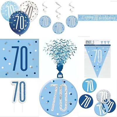 Glitz Blue 70th Birthday Party Tableware Decoration Plates Banners Candle Age 70 • £2.97