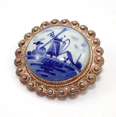 VTG 8gr Sterling Silver Delft Blue Dutch Landscape Windmill Pin Brooch FZ1 • $37.99