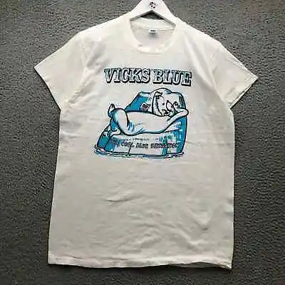 Vintage 80s Vicks Blue The Cool Blue Sensation Hanes T-Shirt Large Graphic White • $24.99