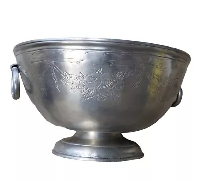 MATCH Pewter Bowl :: Deep Engraved With Handles Italy • $750