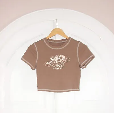 Shein Light Brown Cherub 'Angel Baby' 90s Y2K Crop Ribbed Top XS • £2