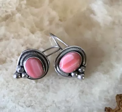 Vintage 925 Sterling Synthetic Pink Coral Pierced Dangle Earrings • $29.50