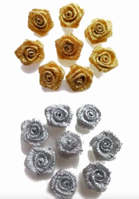 Gold Small Mini Satin Ribbon Rose Buds Flowers Embellishment 10 20 30 PK 1.5cm • £2.20
