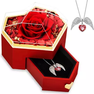 Mothers Day Gifts For Mom - Preserved Real Rose With Angel Wings Heart Necklace • $18.99