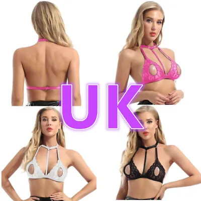 UK Women's See-through Lace Bra Tops Halter Neck Bras Vests Brassiere Clubwear • £7.78