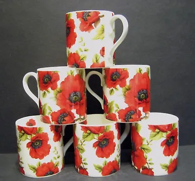 £17.95 • Buy Set Of 6 Mugs Data Poppy Balmoral Fine Bone China Mugs Cups Beakers To Clear