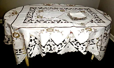 Madeira Embroidery Linen Tablecloth 6 Napkins 85 X67  Ornate Beige Ivory Vintage • $165