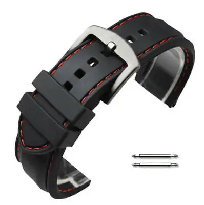 Black Rubber Silicone PU Replacement Watch Band Strap Steel Buckle Red Stitching • $11.95