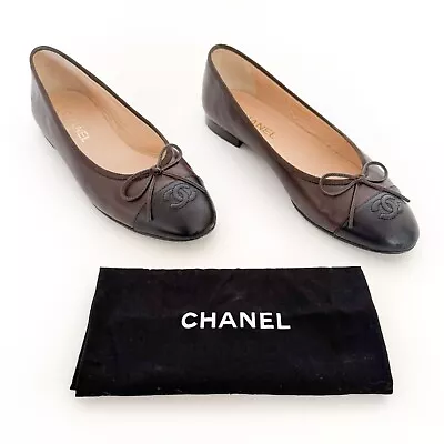 Chanel Cap Toe CC Ballet Flats EU 40 US 9-9.5 Brown Two Tone Leather Ballerina • £650.55