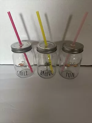 Rae Dunn EUC 3-pc Mason Jar Tumbler Cups Straw DRINK CHILL FUN  • $18