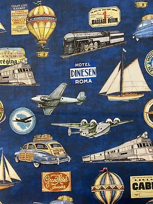 Travel Vintage Plane Trains Automobiles Hot Air Balloon Cotton Fabric Fq • $4.10