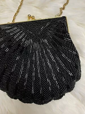 Vintage Black Beaded Evening Bag Valerie Stevens Clutch Purse Shell Shaped • $10.99