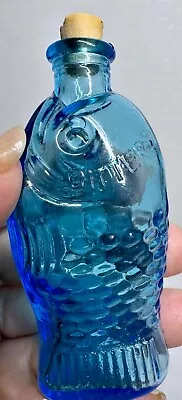 Vintage Mini Dr Fisch’s Blue Glass Bitters Fish Shaped Bottle With Cork Stopper • $13.99