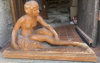 £197.64 • Buy Large Statue Terracotta Art Deco Naked Female To The Greyhound 59,5 CM