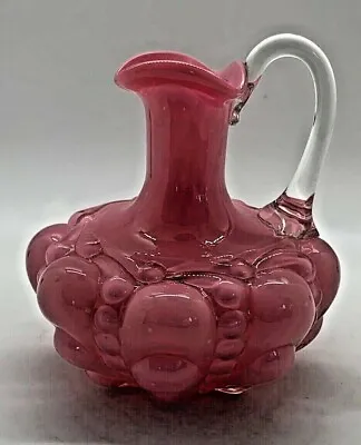 Antique Pink Glass Bulbous Base Pitcher Ornate Design With Applied Clear Handle • $40