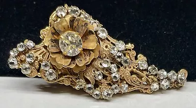 Miriam Haskell Brooch Rare Vintage Signed Gilt Rhinestone 2-1/4  Pin A30 • $225.25