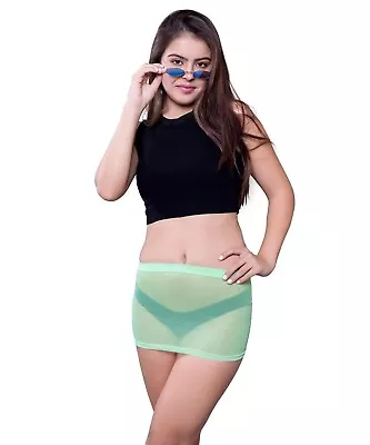 Galaxy Green Mini Skirt Women's Elastic See Through Bodycon Soft Wet Look Party  • £12.92