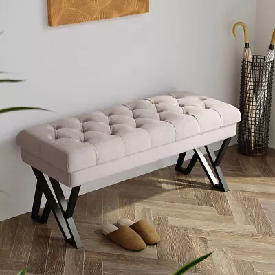 Buttoned Dining Waiting Room Bench Linen Upholstered Bench Stool Steel Frame • £79.95