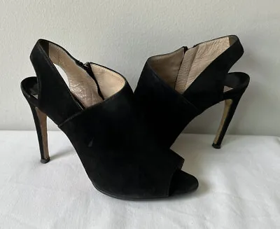 Miu Miu Black Suede Peep Toe Slingback Heels Shoes Side Zip Women’s Size 38 7.5 • $37.50