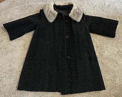 Vintage French Astrakin Curly Persian Lamb Coat Black Fur Collar 50s 60s • $67.99
