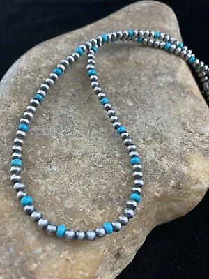 Blue Turquoise Navajo Pearls 4mm Sterling Silver Bead 14  Necklace 94114 • $159.80